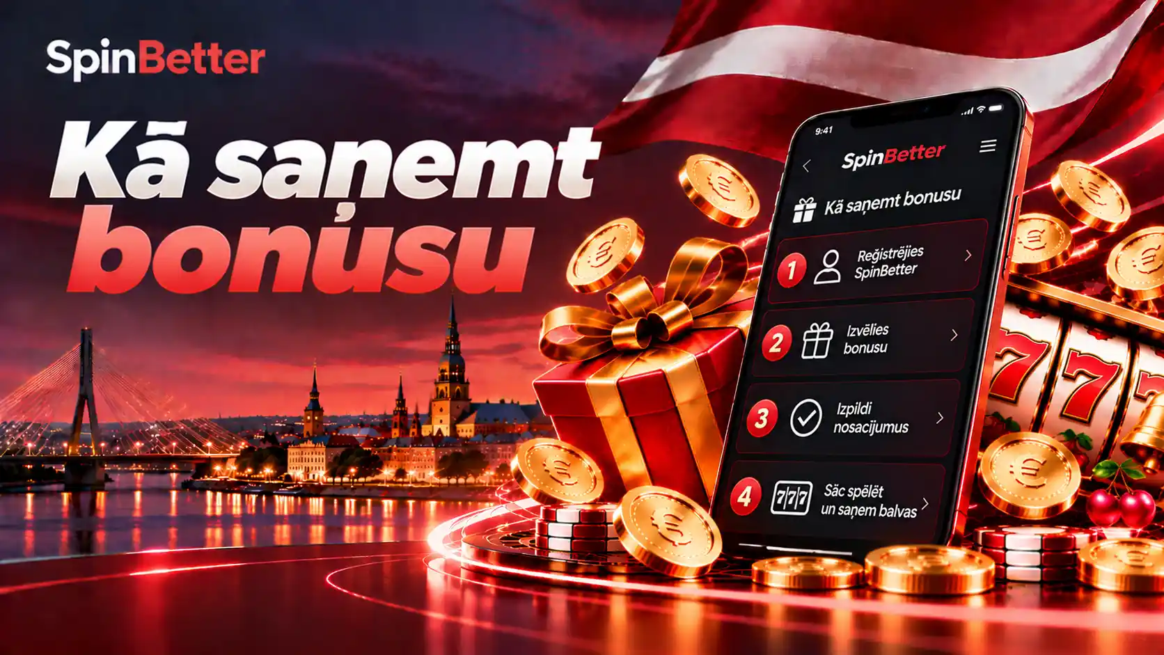 SpinBetter ekrāns ar četriem soļiem bonusa saņemšanai