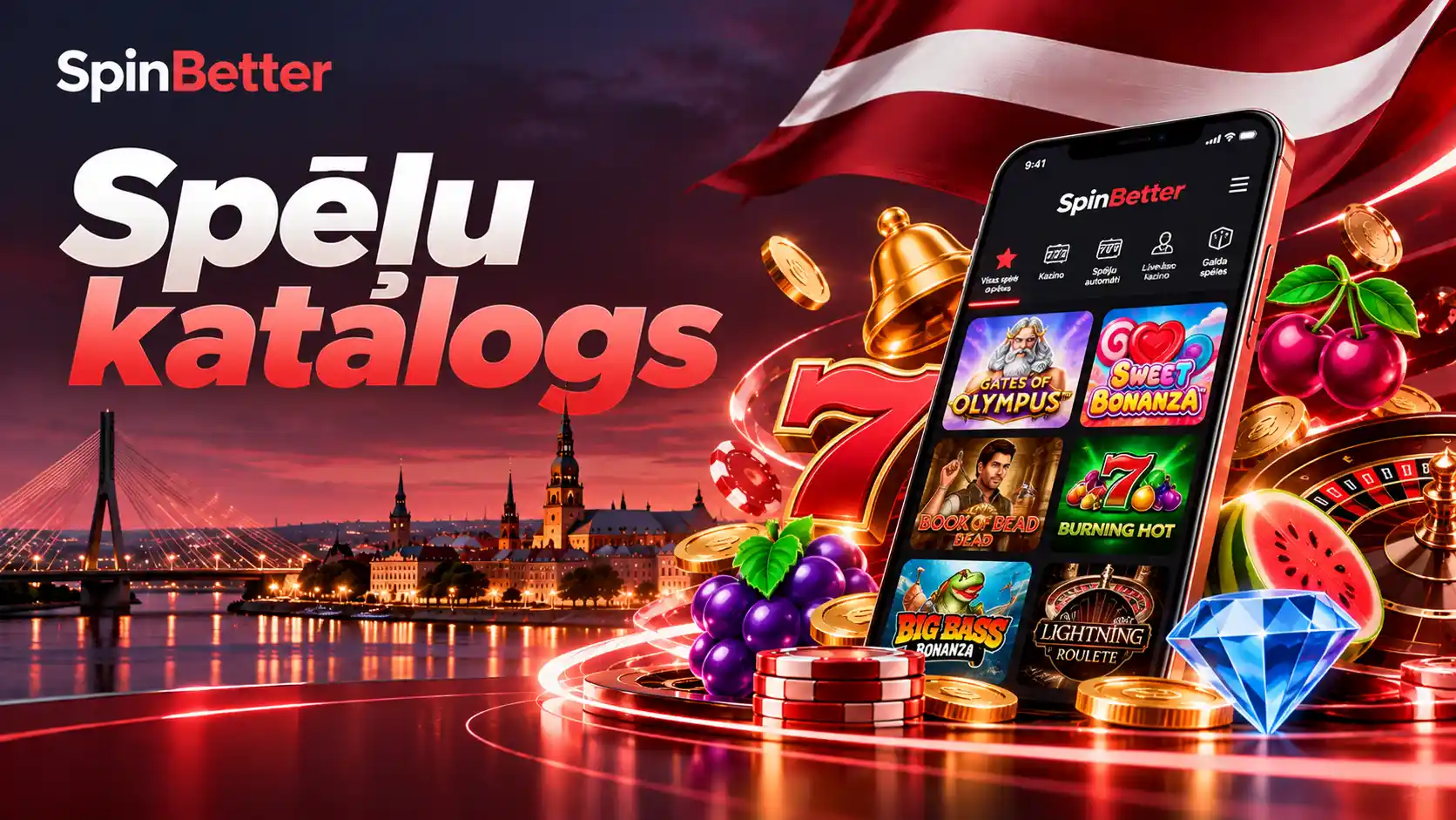 SpinBetter spēļu katalogs ar slotu ikonām un ruletes riteni telefonā