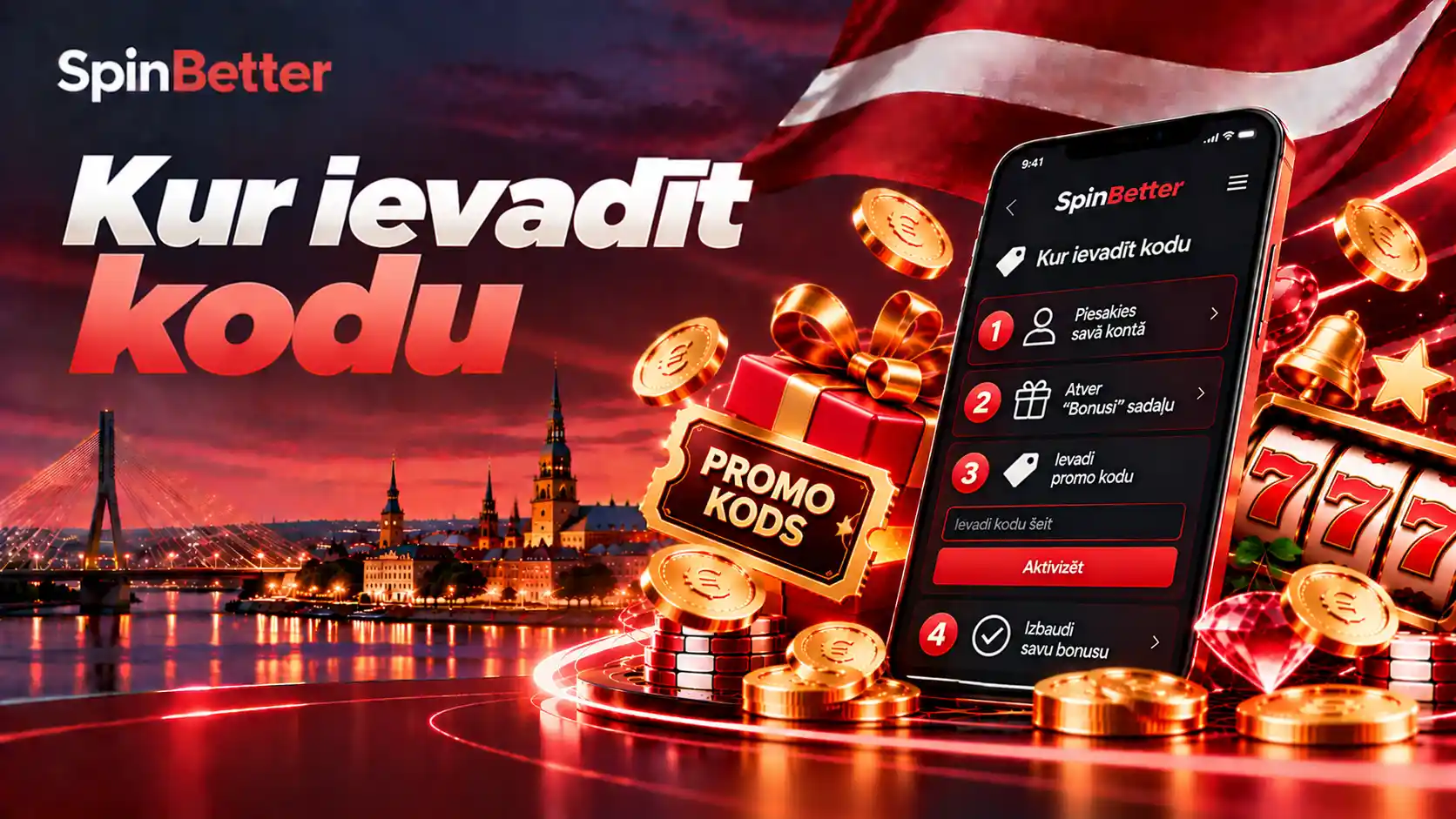 SpinBetter ekrāns ar četriem soļiem promo koda ievadīšanai