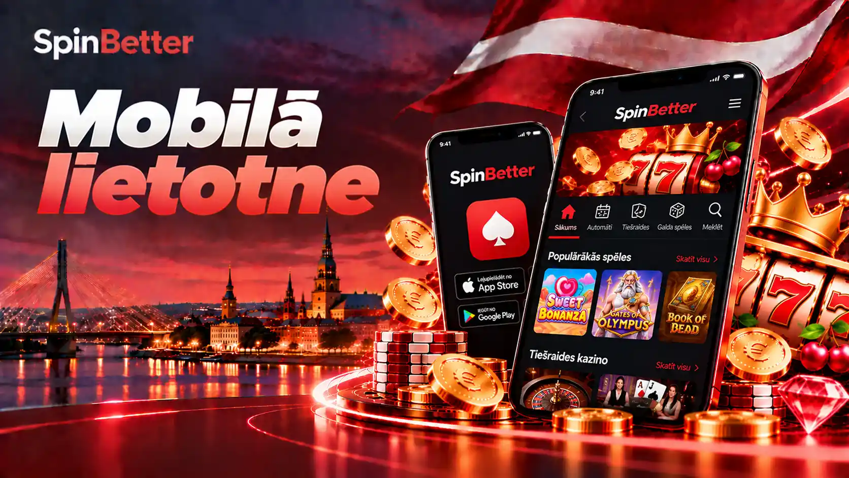SpinBetter mobilā lietotne ar Android un iOS ikonām un populārāko spēļu sarakstu