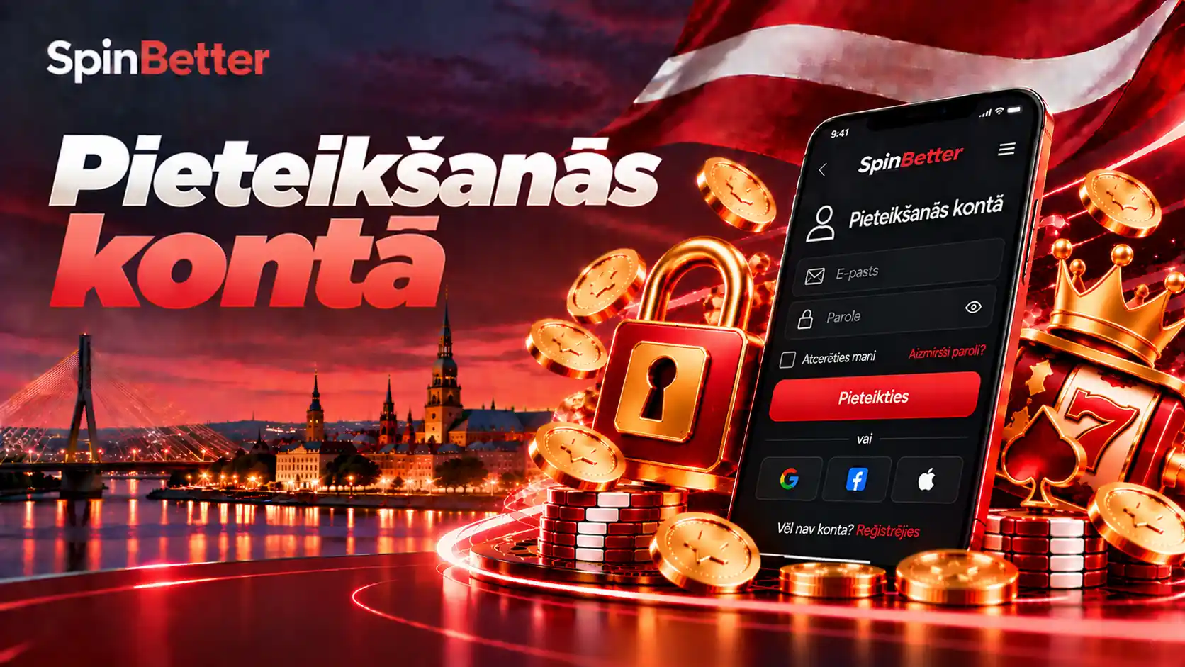 SpinBetter pieteikšanās ekrāns ar e-pasta un paroles laukiem un sociālo kontu ikonām